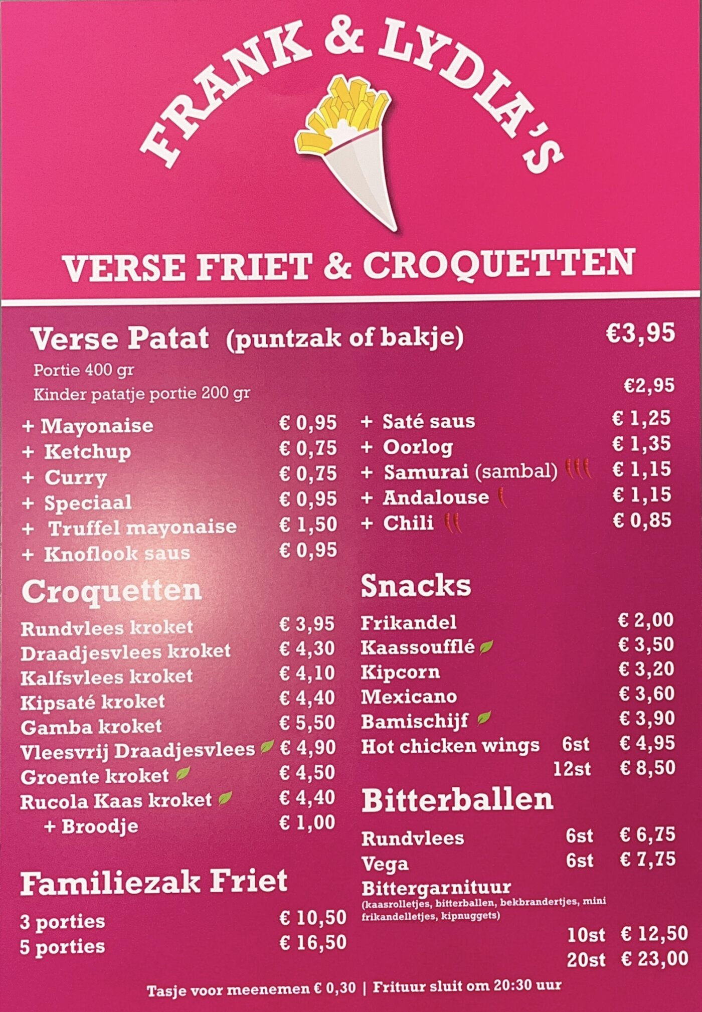Menukaart Verse Friet & Croquetten van Frank & Lydia's